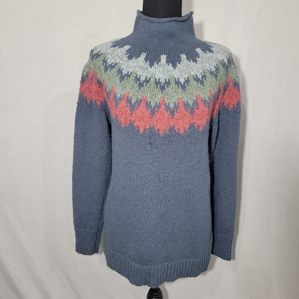 Vtg LL Bean Blue Fair Isle Cotton Funnelneck Pullover Sweater Size Medium Y2k